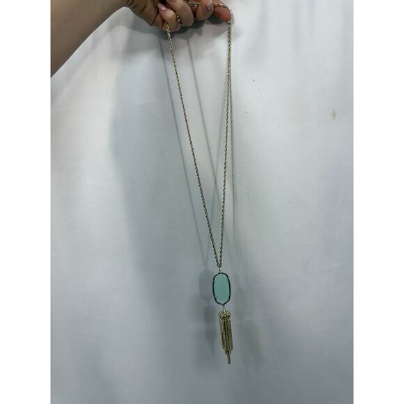 Kendra Scott Rayne Gold Long Pendant Necklace Green Sea Moss Stone - Picture 1 of 6